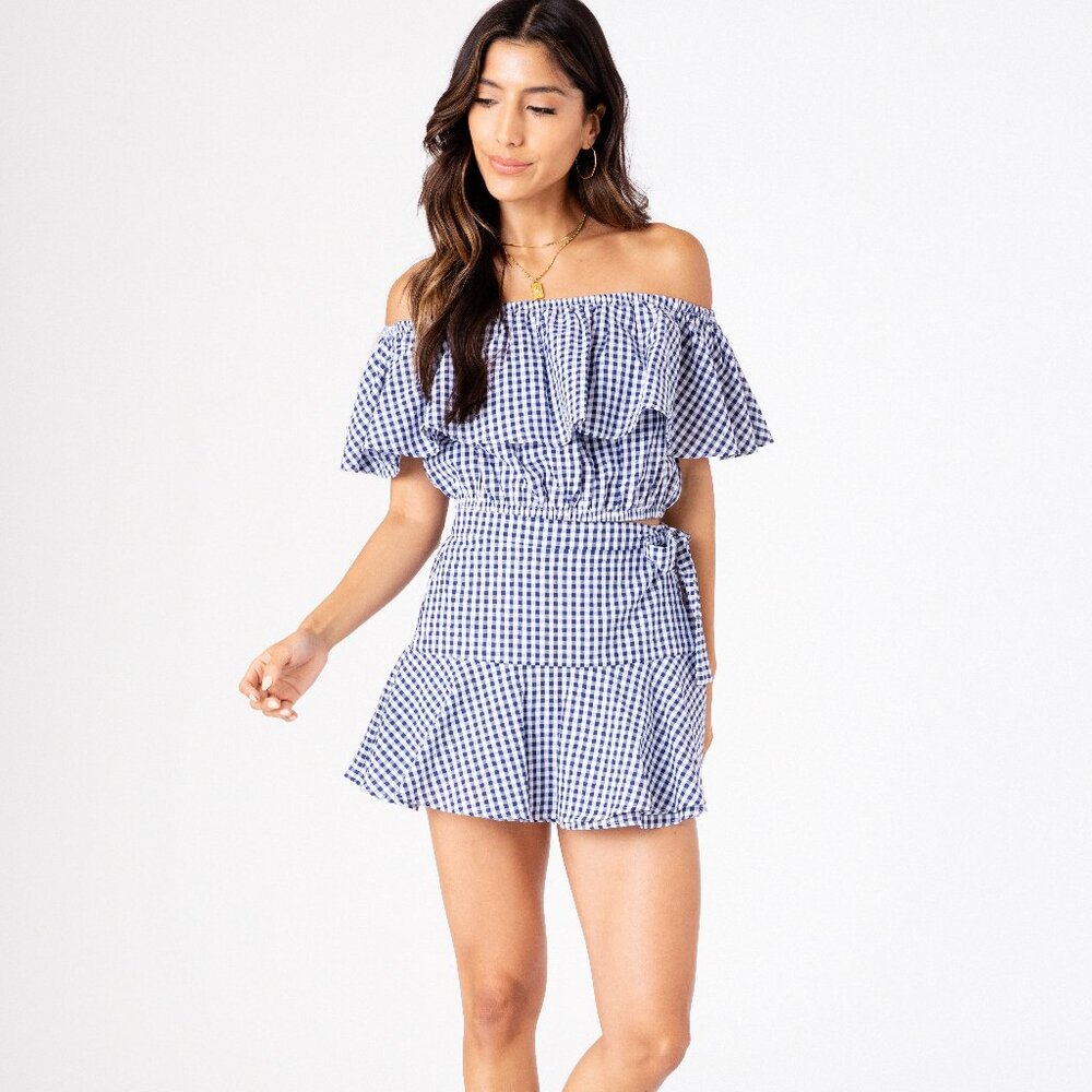 Blue Gingham Off Shoulder Crop Top Ruffle Summer Blouse